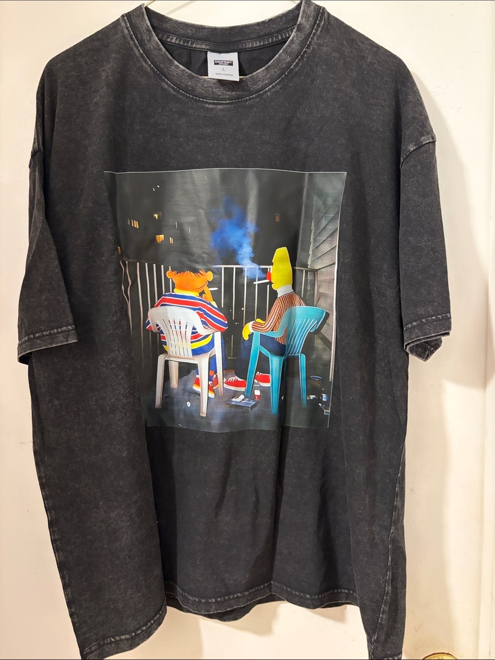 Large Black Graphic Home Art T-Shirt with Colorful Print Bert and Ernie